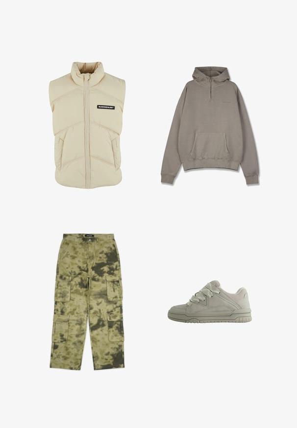 Beige polstret vest med høj krave, frontlynlås, skrå syninger og et sort logo-patch på venstre bryst. Blød, quiltet tekstur.; Khaki pullover hoodie med halv-zip lukning, stor forlomma og ribbede manchetter. Lavet af blødt stof med en afslappet pasform.; Kamptanter i camouflage mønster, med flere sidelommer, lavet af slidstærkt stof, i nuancer af grøn og brun.; Lav-snit grå sneaker med tykke teksturerede snørebånd, polstret krave, syninger i panelerne og en rilled gummisål for greb.