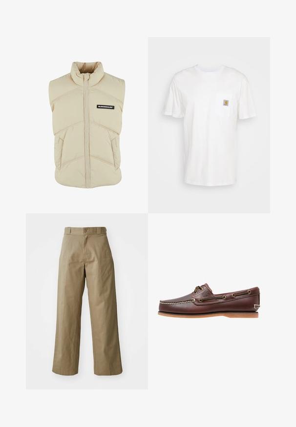 Beige polstret vest med høj krave, frontlynlås, skrå syninger og et sort logo-patch på venstre bryst. Blød, quiltet tekstur.; Hvid bomulds T-shirt med korte ærmer, en brystlomme, og et lille firkantet logo patch i orange og hvid på lommen.; Khaki bredde ben bukser lavet af bomuldsblandingsstof, med en enkelt knaplukning og synlige sidelommer. Glat tekstur, plisseret detalje.; Brun læder bådsko med hvide sømme, snøre detaljer og lysbrun gummisål, vist fra siden på hvid baggrund.