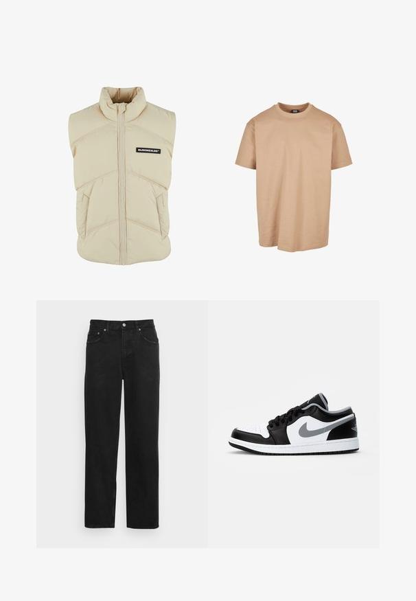 Beige polstret vest med høj krave, frontlynlås, skrå syninger og et sort logo-patch på venstre bryst. Blød, quiltet tekstur.; Beige bomulds t-shirt med rund hals, korte ærmer og en afslappet pasform; har en glat tekstur og et minimalistisk design.; Sorte denimjeans med lige ben, fem lommer og lukkes med metalknap, med en subtil tekstur. Ingen synlige mønstre eller detaljer.; Jordan AIR JORDAN 1 - Sneakers - black/particle grey-white