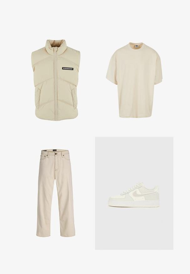 Beige polstret vest med høj krave, frontlynlås, skrå syninger og et sort logo-patch på venstre bryst. Blød, quiltet tekstur.; Cremefarvet t-shirt med korte ærmer, afslappet pasform og rund halsudskæring; lavet af blødt bomuld med subtile syningsdetaljer.; Beige jeans med lige ben, fem lommer, knap- og lynlås lukning, bæltestropper og kontrastsyning fra Jack & Jones.; Hvide Nike Air Force 1 sneakers med en glat læderoverdel, lysegrå accenter, perforeringer på tåen og en struktureret gummisål.