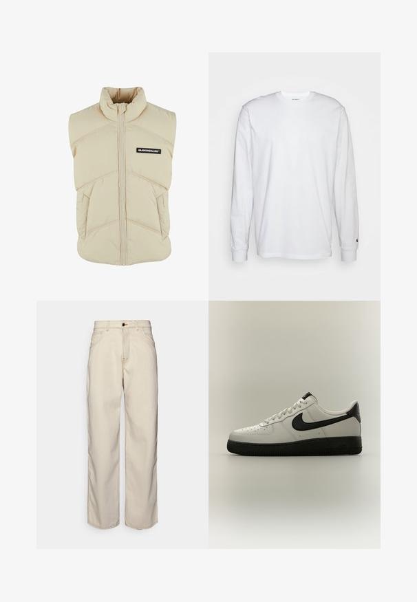 Beige polstret vest med høj krave, frontlynlås, skrå syninger og et sort logo-patch på venstre bryst. Blød, quiltet tekstur.; Hvid langærmet T-shirt lavet af bomuld. Rund halsudskæring med ribbede manchetter og et lille logo på venstre ærme. Glat tekstur.; Fiorucci CARPENTER - Jeans Straight Leg - white; Lav-skoet hvid sneaker med sort Nike-swoosh, sort hælstrop og tyk sort sål på en neutral baggrund.