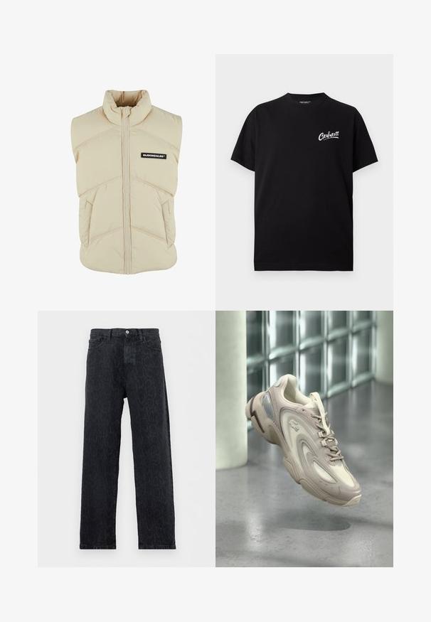 Beige polstret vest med høj krave, frontlynlås, skrå syninger og et sort logo-patch på venstre bryst. Blød, quiltet tekstur.; Sort kortærmet crewneck t-shirt med lille hvid "Carhartt" logo på venstre bryst.; Sorte jeans med lige ben og subtilt mørkt dyreprintmønster, med knap- og lynlåslukning samt forlommer, vist på hvid baggrund.; Lysebeige sneaker med et elegant design, teksturerede overlays, en polstret sål og en gennemsigtig sektion på siden.