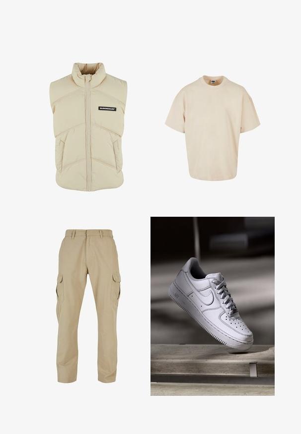 Beige polstret vest med høj krave, frontlynlås, skrå syninger og et sort logo-patch på venstre bryst. Blød, quiltet tekstur.; Beige oversized T-shirt, lavet af blødt bomuldsstof, med rund hals og korte ærmer samt en lige nederkant. Simpelt og minimalistisk design.; Beige cargo bukser lavet af bomulds twill, med flere sidelommer, lige ben design og lynlås med bæltestropper.; Hvid læder Nike Air Force 1 sneaker med perforeret tå, flade snørebånd og tekstureret gummisål med "AIR" branding på siden.