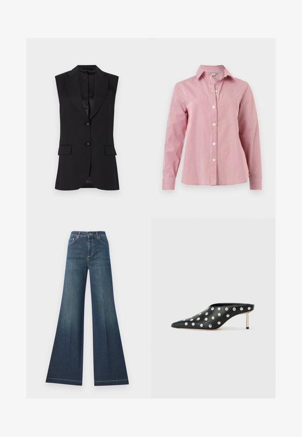 Sort ærmeløs blazer med slagkrave, to frontlommer og enkeltknaplukning. Glat tekstur og skræddersyet design.; Langærmet rød og hvid skjorte med lodrette striber, knapper, krave og manchetter, vist fladt på en hvid baggrund.; Bredde mørkeblå jeans med høj talje, lavet af denim, med knaplukning og kontrastsyninger langs sømmene.; STAND STUDIO KELSEY - Mules med hæl - black