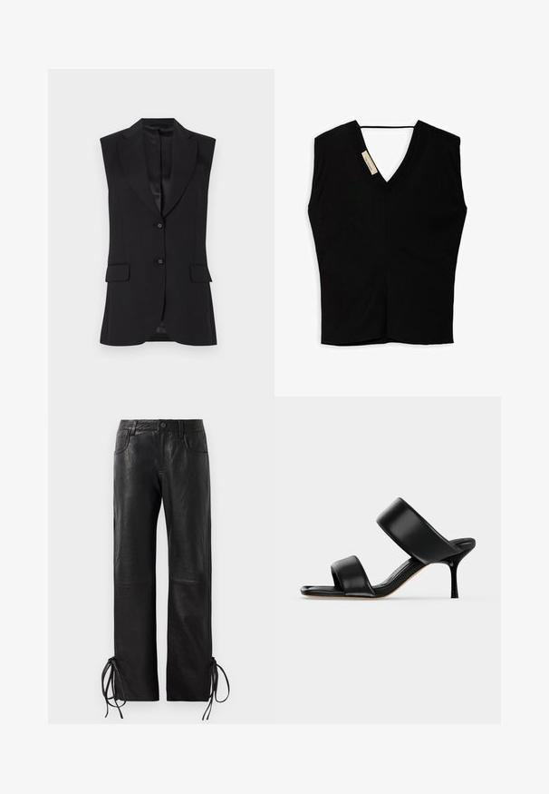Blazer negro sin mangas con solapa de muesca, dos bolsillos frontales y cierre de un botón. Textura suave y diseño ajustado.; Chaleco de punto negro sin mangas con escote en V y una pequeña etiqueta de marca beige cerca del cuello, colocado sobre un fondo blanco.; Pantalones de cuero negro con un acabado ligeramente texturizado, corte recto y cordones ajustables en el dobladillo para un ajuste personalizable.; Sandalia mule de cuero negro con dos tiras anchas y un tacón de aguja delgado de altura media sobre un fondo claro y sencillo.