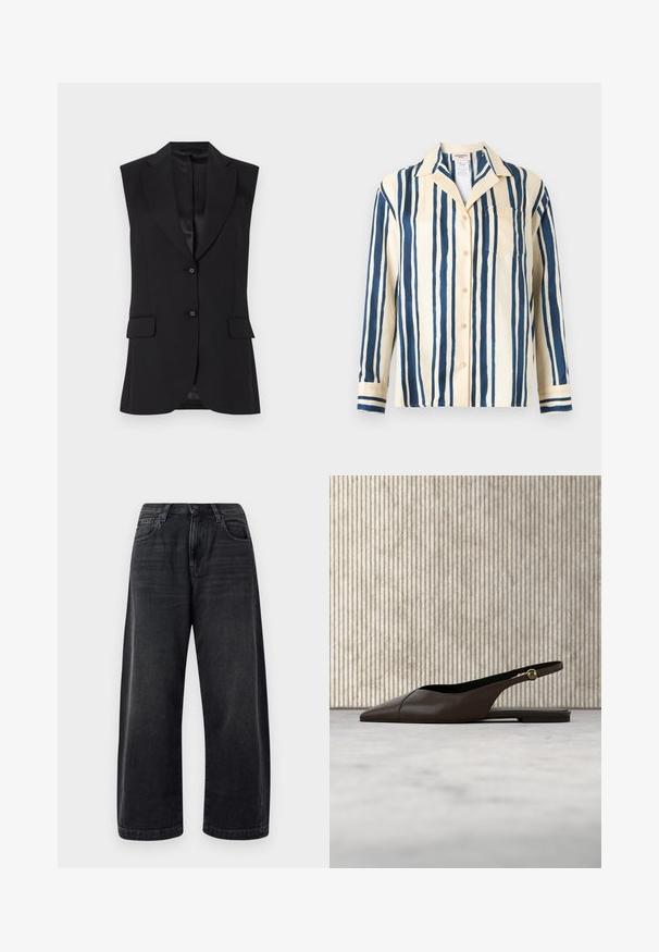Sort ærmeløs blazer med slagkrave, to frontlommer og enkeltknaplukning. Glat tekstur og skræddersyet design.; Langærmet skjorte med knapper, cremefarvet baggrund og lodrette marineblå striber, med en brystlomme foran og krave.; Bredde ben sorte jeans lavet af denim, med et klassisk fem-lomme design, subtil fading og en knaplukning i taljen.; Mørkebrun læder sandalette med spids tå og flad hæl med guldbeslag, placeret på beige tæppe nær et rundt træbord.