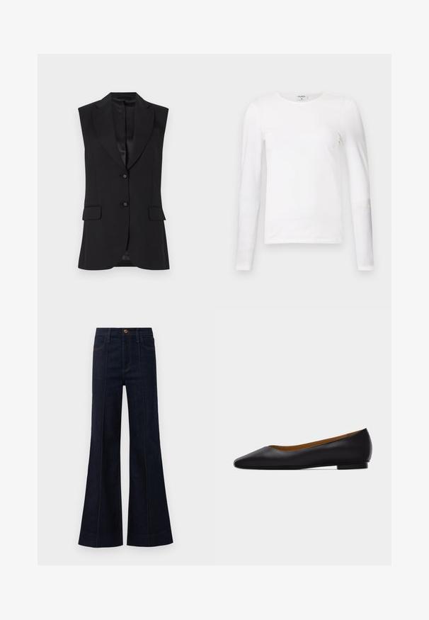 Must have varrukateta must blazer, millel on nurgeline krae, kaks eesmist taskut ja ühekohaline kinnitamine. Sile tekstuur ja kohandatud disain.; Valge pikkade varrukatega t-särk, mis on valmistatud pehmest puuvillast, ümarate kaelustega ja slim fit disainiga, millel on puhtad õmblused ja nähtamatud mustrid.; Tumesinised sinised flared teksad kõrge vöökohaga, ees olevate taskute ja nähtava õmblusega. Kangas on sileda tekstuuri ja struktureeritud kujuga.; Mustast nahast terava ninaga madala kontsaga tasasel tallal king, nähtud küljelt helehallil taustal.