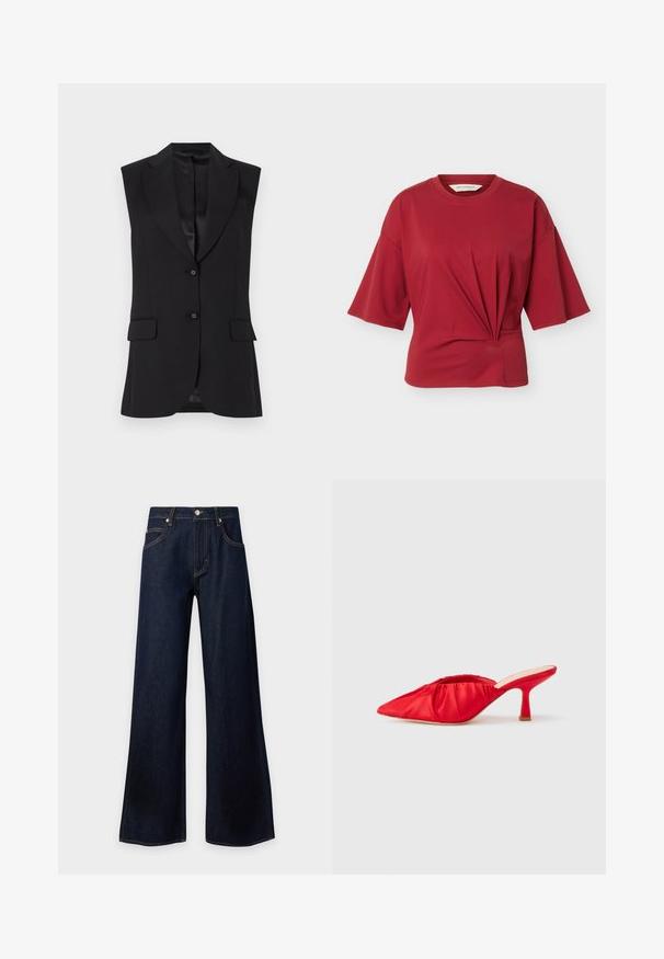 Sort ærmeløs blazer med slagkrave, to frontlommer og enkeltknaplukning. Glat tekstur og skræddersyet design.; Rød kortærmet top med rund halsudskæring og en opsamlet vridet detalje foran nederst, vist på en hvid baggrund.; Mørkeblå viddevævede denimjeans med knap- og lynlåslukning foran, bæltestropper samt lommer foran og bagpå.; Røde satin høje hælede mules med spids tå og rynket tekstur over overdelen. Har en slank, tilspidset hæl.