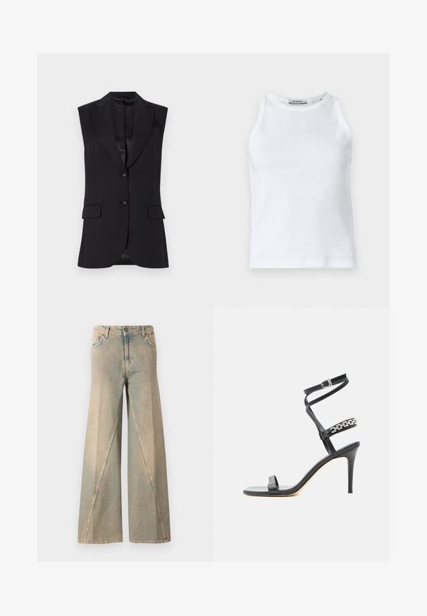 Must have varrukateta must blazer, millel on nurgeline krae, kaks eesmist taskut ja ühekohaline kinnitamine. Sile tekstuur ja kohandatud disain.; Valge ribaga tank top, millel on ümar kaelus, ilma varrukateta disain ja väike logo ees. Sile tekstuur ja keha lähedane vorm.; Heledu sinine lai jalgadega teksapüksid, mis on valmistatud denimist. Omab kõrget vööd, esiseid taskuid ja iseloomulikku õmblusmustrit jalgade ääres.; Mustad kõrgete kontsadega sandaalid, millel on õhuke pahkluu rihm, keskjala rihm, mis on kaunistatud hõbedaste kettlinkidega, ja avatud varbaga disain.