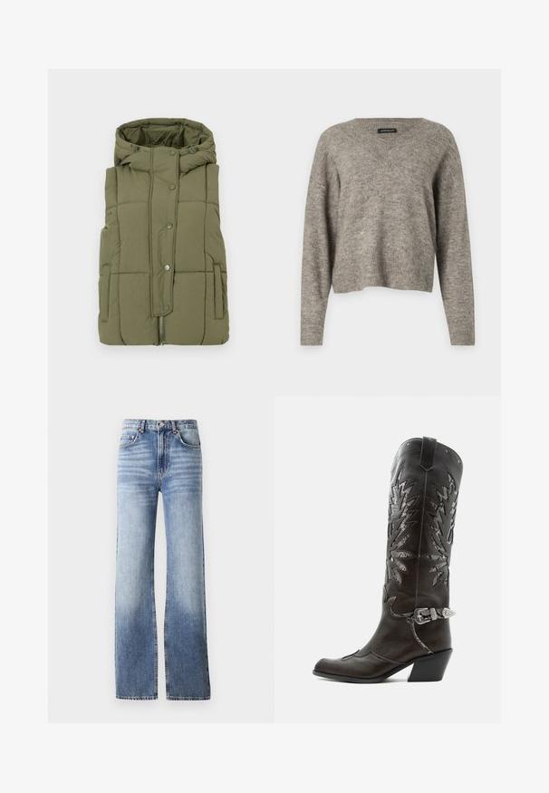 Olivengrøn polstret vest med hætte, trykknaplukning, sidelommer og lynlås i bunden. Blødt, tekstureret stof med quiltet design.; V-hals, langærmet sweater i lysegrå strikket stof med ribbet kant. Let vægt, let cropped design med afslappet pasform.; Lysblå denimjeans med høj talje, bred bukseben og subtilt slid. Har knaplukning og fem-lomme design.; Sort læder cowboystøvle med dekorative udskæringer, sølvspænde og skrå hæl, vist på hvid baggrund.
