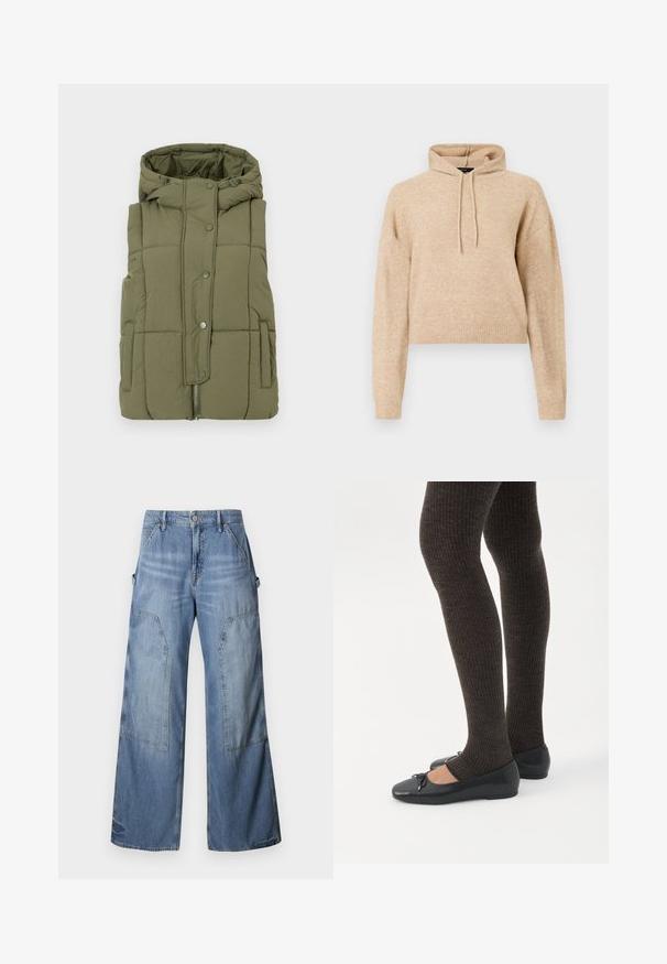 Olijfgroene gewatteerde vest met capuchon, drukknoopsluiting, zijzakken en een rits onderaan. Zacht, gestructureerd materiaal met een doorgestikt ontwerp.; Beige cropped gebreid hoodie met lange mouwen en een capuchon met trekkoord, weergegeven op een witte achtergrond.; Good American GOOD EASE RELAXED - Relaxed fit jeans - indigo; Benen met donkere geribbelde leggings gecombineerd met zwarte ballerina's met kleine strikdetails op een witte achtergrond.