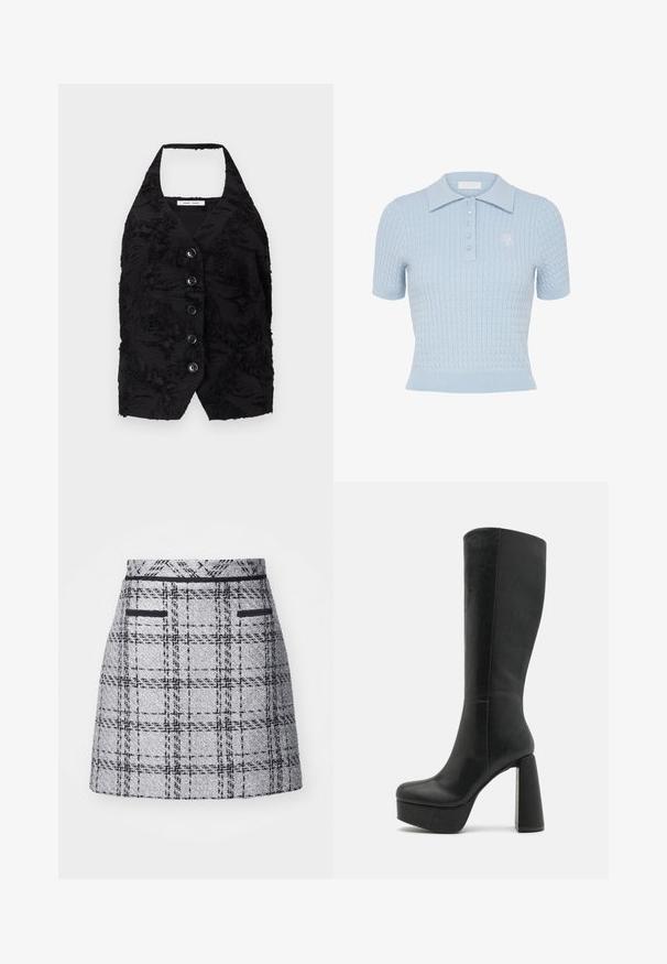 Gilet noir en tissu texturé avec des motifs en relief, décolleté en V, et six boutons à l'avant. Encolure halter, sans manches, conception cropped.; Polo en maille bleu clair à manches courtes avec motif torsadé, ourlet côtelé, patte de boutonnage, col pointu et logo brodé discret sur la poitrine.; Jupe à carreaux gris avec un tissu texturé, coupe slim et finitions noires. Comprend deux poches avant avec des détails noirs.; DeeZee Bottes à talons hauts - black
