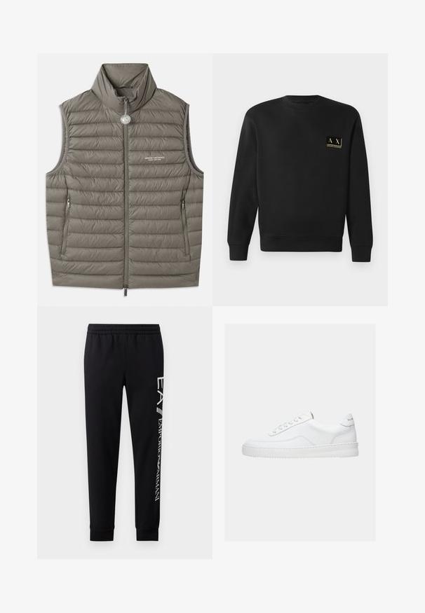 Puffervest i dæmpet grå, med høj krave, lynlås foran og to sidelommer. Let tekstureret med quiltet syning.; Sort langærmet crewneck sweatshirt med lille beige Armani Exchange-logo på venstre bryst.; Sorte sweatpants lavet af en bomuldsblanding, med elastisk talje, smalle ben, ribbede manchetter og hvidt logo print langs siden.; Hvid lavt sneaker med snørelukning, glat læderoverdel og tyk sål, vist fra siden på en ensfarvet baggrund.