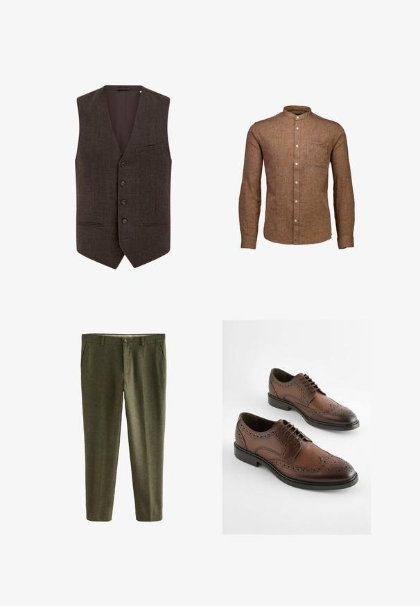 Bruine, wolmix vest met een V-hals, vijf knopen aan de voorkant, twee zakken met smalle kleppen en een soepel binnenvoering.; Bruin shirt met lange mouwen gemaakt van textuurstof, met een button-down kraag en borstzak, voorzien van lichtgekleurde knopen.; Groene tweedbroek met een visgraatpatroon, voorzien van een knoopsluiting, riemlussen en zijzakken. Zachte textuur, slim fit.; Bruine leren derby schoenen met een brogue-design, puntige neus en platte rubberen zool. Fijne perforaties langs de randen.
