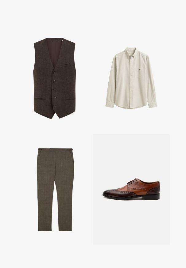 Chaleco marrón de mezcla de lana con cuello en V, frente de cinco botones, dos bolsillos con solapas estrechas y un forro interior suave.; Camisa beige y blanca de rayas verticales, de manga larga, con botones, cuello y bolsillo en el pecho, presentada plana sin persona.; Pantalones ajustados de hombre en marrón con estampado de cuadros, con bolsillos laterales y pestañas en la cintura con botones, mostrados sobre un fondo blanco.; Zapato de vestir de hombre de cuero marrón bicolor con detalles brogue y cierre con cordones visto de lado sobre fondo blanco.