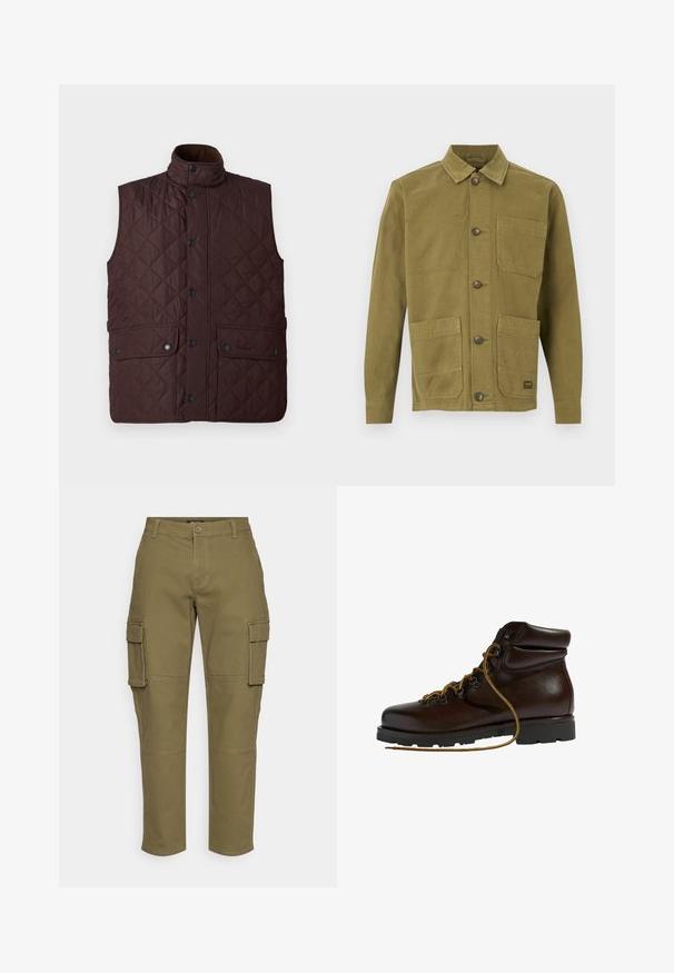 Braune gesteppte Weste mit hohem Kragen, Druckknöpfen und zwei Fronttaschen. Verfügt über ein Rautenmuster und eine glatte Textur.; Olivgrüne Canvas-Jacke mit Kragen, zwei Fronttaschen und Knopfverschluss. Strukturierter Stoff mit sichtbaren Nahtdetails.; Olivgrüne Cargo-Hosen mit geradem Bein, ausgestattet mit Seitentaschen, einem Knopfverschluss und sichtbaren Nähdetails. Aus strapazierfähigem Material gefertigt.; Brauner Leder-Wanderschuh mit abgerundetem Zeh, strukturierten Oberflächen, gelben Schnürsenkeln und Metallösen. Enthält eine robuste schwarze Gummisohle.