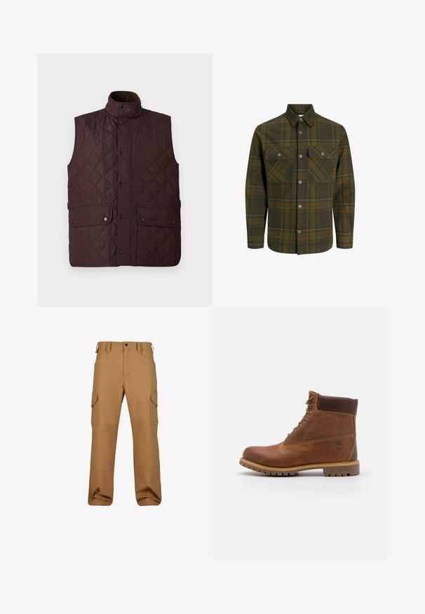 Bruine gewatteerde vest met een hoge kraag, drukknoopsluiting en twee voorzakken. Heeft een ruitpatroon en een gladde textuur.; Olijfgroene geruite shirt gemaakt van zachte stof, met twee borstzakken, knoopsluiting aan de voorkant en contrasterende gele accenten in het patroon.; Bruine cargobroek gemaakt van duurzaam materiaal, met meerdere zakken, een relaxte pasvorm en versterkte stikseldetails.; Bruine leren wandelschoen met een gladde afwerking, gevoerde enkel, metalen oogjes en een rubberen zool met een robuust profiel.