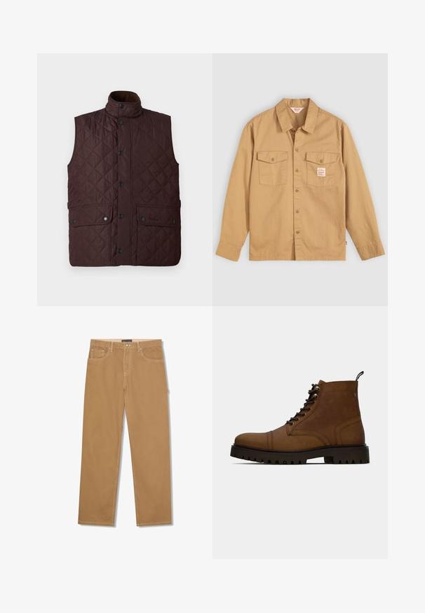 Bruine gewatteerde vest met een hoge kraag, drukknoopsluiting en twee voorzakken. Heeft een ruitpatroon en een gladde textuur.; Tan button-up shirt met lange mouwen, twee borstzakken en een klein label. Gemaakt van katoen met een gladde textuur en een klassiek kraagontwerp.; Lichtbruine broek met rechte pijpen, vooraan met knoop en rits, met voorzakken en muntzakje, en zichtbare witte stiksels.; Bruine leren veterschoenen tot de enkel met dikke zwarte profielzool en een trekband op een witte achtergrond.