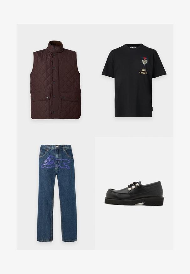 Braune gesteppte Weste mit hohem Kragen, Druckknöpfen und zwei Fronttaschen. Verfügt über ein Rautenmuster und eine glatte Textur.; Schwarzes T-Shirt mit kurzen Ärmeln und Rundhalsausschnitt, mit gesticktem Blumenherz-Design und "JUST CAVALLI" Schriftzug auf der linken Brust.; Blaue Jeans mit geradem Bein und einer großen lila Cartoon-ähnlichen Grafik einer laufenden Katze über dem oberen Vorderteil.; Schwarze Lederloafers mit rundem Zehenbereich, ausgestattet mit drei metallischen Akzenten und einer strukturierten Sohle für besseren Halt. Glattes Obermaterial und gestickte Details.