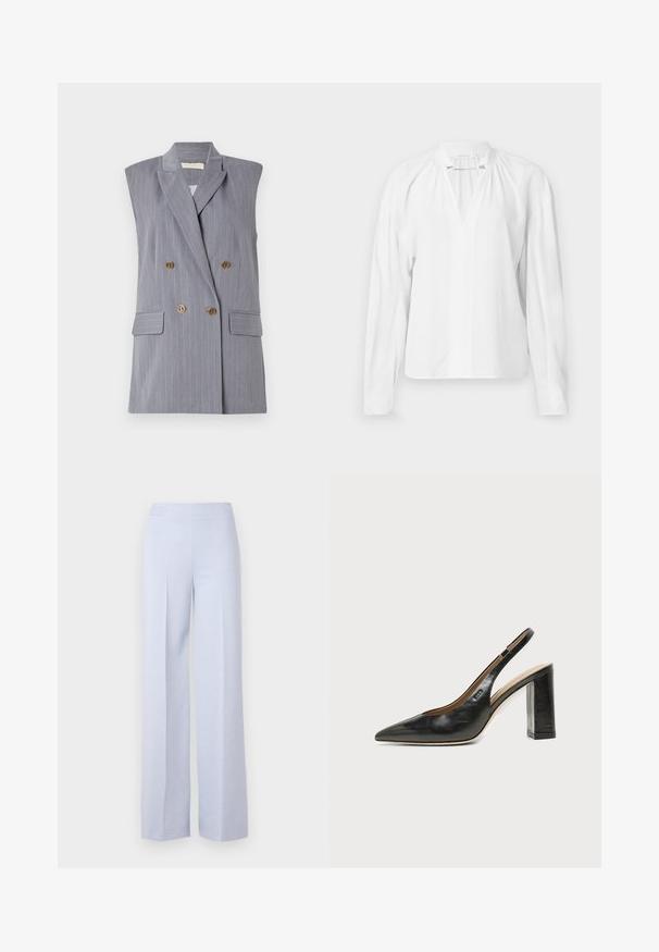 Blazer sin mangas gris con rayas, con cierre de doble botonadura, botones en tono dorado y bolsillos laterales. Textura de tejido suave.; Blusa blanca de manga larga con escote en V, detalles fruncidos en el cuello y una tela suave y ligera. Diseño simple y minimalista.; Pantalones de pierna ancha en azul claro, confeccionados en un tejido suave, con una cintura alta y pliegues delanteros para mayor estructura.; Zapato slingback de piel negra con puntera puntiaguda, tacón alto y ancho, y forro interior beige sobre un fondo claro y liso.