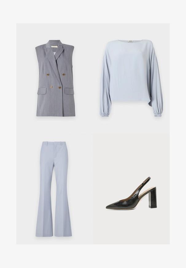 Grijze mouwloze blazer met fijne strepen, dubbele knopen aan de voorkant, gouden knopen en zijzakken. Glad stoffen textuur.; Lichtblauwe blouse met lange mouwen, brede geplooide manchetten en een losse pasvorm, met een ronde halslijn en een eenvoudig ontwerp.; Lichtblauwe flared broek met een zachte textuur, voorzien van een rechte voorkant, twee zijzakken en een schone tailleband.; Zwarte leren slingback schoen met spits toelopend neusje, hoge blokhak en beige binnenvoering tegen een effen lichte achtergrond.