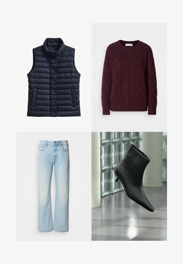 Sort quiltet uden ærmer dynevest med høj krave, forreste trykknapper og to forlommer.; Bordeaux kabelstrik sweater med rund hals, ribstrikkede håndled og kant. Har et tekstureret mønster hele vejen igennem og et lille logo-detalje i kanten.; Lyseblå brede jeans lavet af denim med et klassisk fem-lomme design og en subtil falmet tekstur. Denim-syninger er synlige.; Sort læderankelstøvle med spids tå og lav kitten-hæ, vist vinklet mod en poleret gulv- og glasblokvæg.