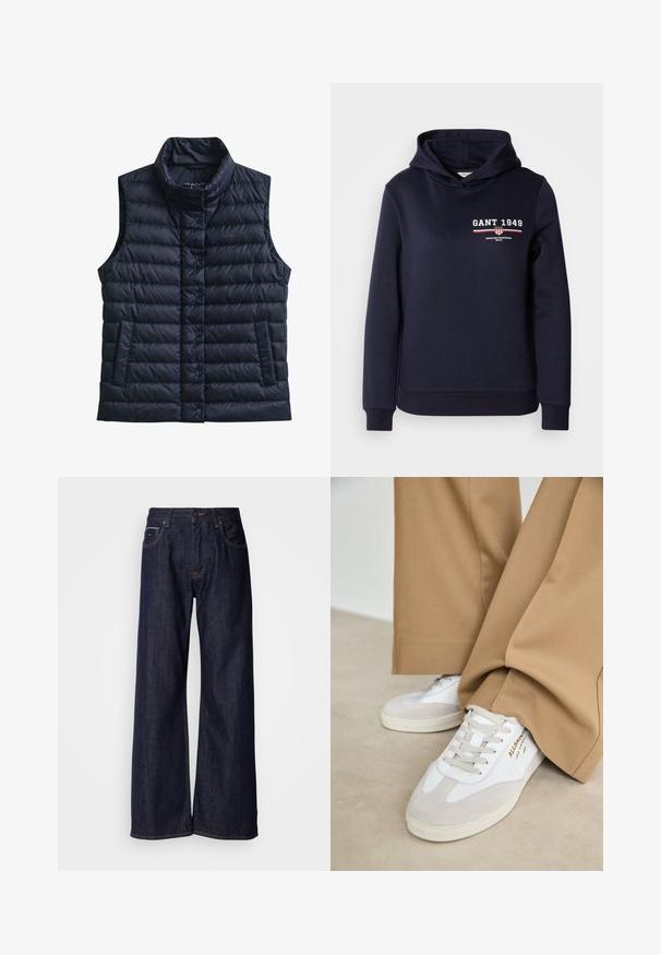 Zwarte doorgestikte mouwloze bodywarmer met hoge kraag, voorste drukknoopsluiting en twee voorzakken.; Navyblauwe hooded sweatshirt van zacht materiaal met witte tekst "GANT 1949" en een gestreept grafisch detail in rood en wit.; Wijde donkerdenim jeans met een hoge taille, voorzien van steekzakken en subtiele stiksels. Glad textuur met een klassieke snit.; Witte sneakers met suède accenten, gestructureerde veters en een rubberen zool. Gecombineerd met losse beige broek. Logo zichtbaar aan de zijkant.