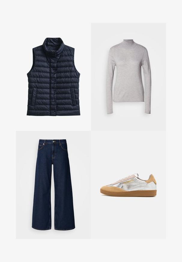 Must tikitud varrukateta suleline vest kõrge kraega, ees klõpskinnitused ja kaks eesmist taskut.; Helehall pusa pikkade varrukatega, valmistatud pehmest kudumist. Omab slim fit disaini ja pitsitud kraed. Sile tekstuur.; Laialised tumedast sinisest denimist teksad kõrge vöökoha ja esipocketitega, millel on nööbikinnitus. Omab kontrastset õmblust ja siledat tekstuuri.; Hõbedane ja beež nubukist toss, millel on tekstuuriga kummitald, beežid paelad ja külje peal kollane logo.