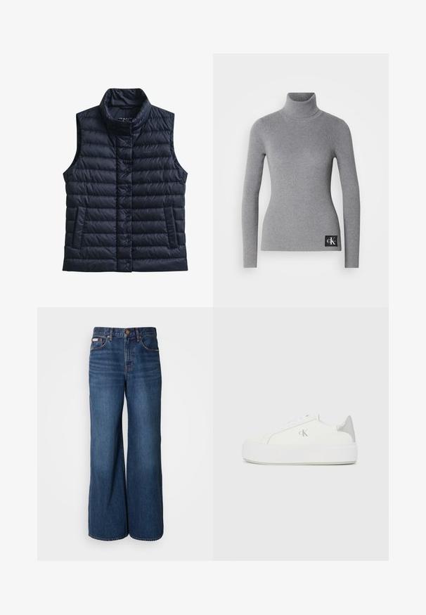 Zwarte doorgestikte mouwloze bodywarmer met hoge kraag, voorste drukknoopsluiting en twee voorzakken.; Grijze geribbelde turtleneck trui met lange mouwen, aansluitend ontwerp en een zwart label met witte merkinitialen aan de onderkant.; Wijdvallende jeans van donkerblauwe denim. Kenmerken zijn een hoge taille, vijf zakken en contrasterende oranje stiksels langs de naden.; Witte canvas sneakers met een dikke witte zool, voorzien van een metallic zilveren accent op de hiel en een subtiel logo detail aan de zijkant.