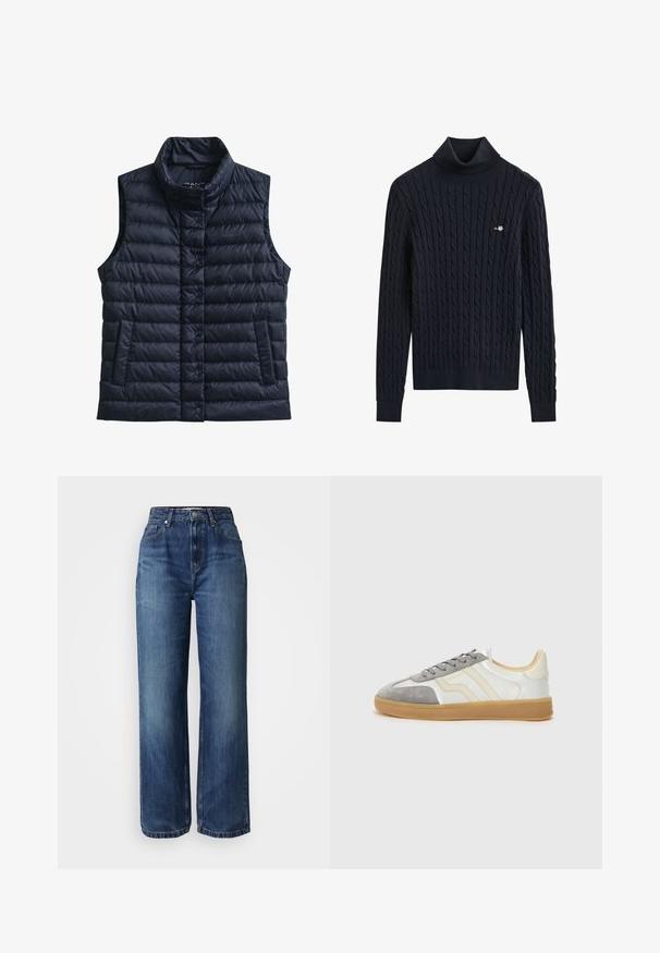 Must tikitud varrukateta suleline vest kõrge kraega, ees klõpskinnitused ja kaks eesmist taskut.; Mustast soonikkoes turtleneck-kampsun pikkade varrukatega ja vasakul rinnal väikese tikitud logoga.; Laiad sinised denim püksid kõrge vöökohaga, klassikalise viie tasku kujundusega ja õrna fadesseeritud ilmega. Suletud zipi ja nööbiga.; Valgedest nahast ülemise osaga sneakers, halli sametist varbakattega ning kummikummist tallaga. Omab halli paela ja diskreetset brändimist küljel.