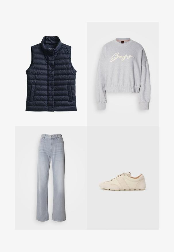 Must tikitud varrukateta suleline vest kõrge kraega, ees klõpskinnitused ja kaks eesmist taskut.; Hall grey lõikega pehme riidega särk, mille esiosas on valge broderie "Boss" logo ja elastsed mansetid varrukatel ning allservas.; Heledad hallid laiad teksad, mille kõrgem talje on valmistatud denimist. Sisaldab esi-taskuid, tõmblukk ja peen hallitus kogu ulatuses.; Tennised, mille pealmine osa on valmistatud valgest nahast ja seemisnahast, kahel horisontaalsel beežil triibul, kummist tallaga, ümmarguse ninaosaga, paeltega kinnitatav.