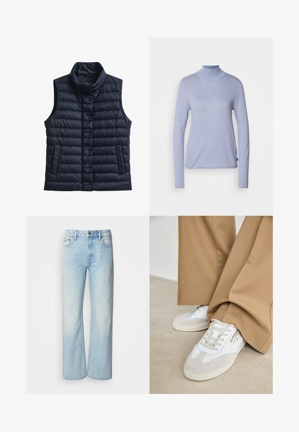 Chaleco acolchado negro sin mangas, con cuello alto, botones de presión delanteros y dos bolsillos delanteros.; Top de cuello alto de manga larga en azul claro, hecho de una tela suave, con un diseño ajustado y una textura lisa. Estilo minimalista sin patrones.; Vaqueros de pierna ancha azul claro confeccionados en denim, con un diseño clásico de cinco bolsillos y una sutil textura deslavada. La costura del denim es visible.; Zapatillas blancas con detalles de ante, cordones texturizados y suela de goma. Combinadas con un pantalón suelto en tono marrón claro. Logo exhibido en el lateral.