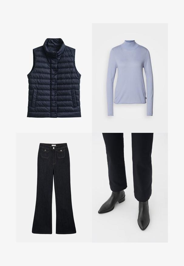 Sort quiltet uden ærmer dynevest med høj krave, forreste trykknapper og to forlommer.; Lyseblå langærmet turtleneck-top fremstillet af blødt stof, med en tætsiddende pasform og en glat tekstur. Minimalistisk stil uden mønstre.; Sorte denim jeans med høj talje, flared ben, to frontlommer og orange syninger. Materialet ser solidt og glat ud.; Sorte læder ankelstøvler med spids tå, blokhæl og teksturerede sidepaneler, båret med mørke bukser mod en hvid baggrund.