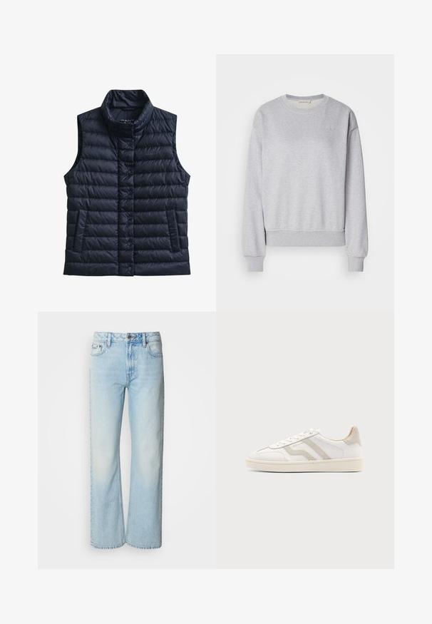 Zwarte doorgestikte mouwloze bodywarmer met hoge kraag, voorste drukknoopsluiting en twee voorzakken.; Grijze katoenen sweatshirt met lange mouwen, ronde hals, geribbelde manchetten en onderrand, met een subtiele geborduurde logo op de borst.; Lichtblauwe wijde jeans van denim, voorzien van een klassiek vijf-pocket ontwerp en een subtiele vervaagde textuur. Denimstiksels zijn zichtbaar.; Witte lage sneaker met beige suède details en witte veters, met een gestructureerde zool en subtiele branding aan de zijkant.