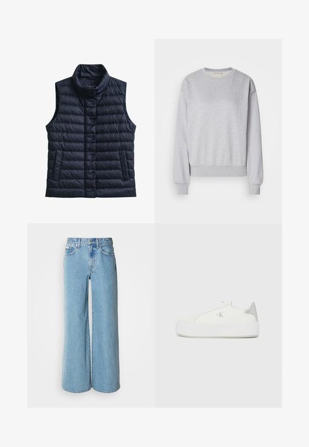 Chaleco acolchado negro sin mangas, con cuello alto, botones de presión delanteros y dos bolsillos delanteros.; Sudadera de algodón gris con mangas largas, cuello redondo, puños y dobladillo acanalados, que presenta un sutil logo bordado en el pecho.; Jeans de mezclilla de corte ancho en un tono azul claro, con cintura alta, diseño de cinco bolsillos y un ligero desgastado en la tela.; Zapatillas de lona blancas con una suela blanca gruesa, presentan un acento metálico plateado en el talón y un sutil detalle del logo en el lateral.