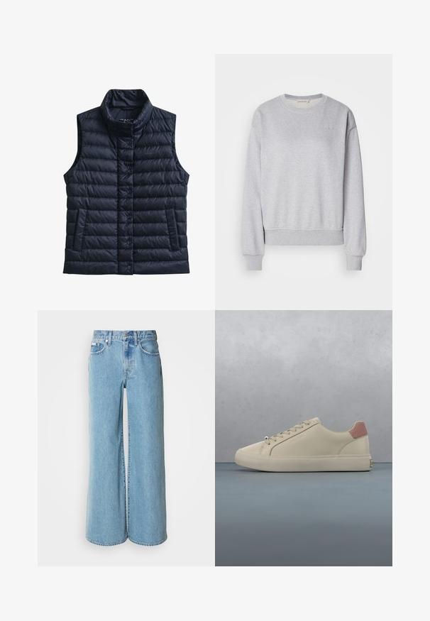 Veste sans manches matelassée noire avec col montant, boutons-pression à l'avant et deux poches avant.; Sweatshirt en coton gris avec des manches longues, un col rond, des poignets et un ourlet côtelés, présentant un logo brodé subtil sur la poitrine.; Jean large bleu clair en denim, avec une taille haute, un design à cinq poches et un léger dégradé sur le tissu.; Baskets de couleur crème avec languette rose au talon, lacets beige et empeigne lisse, suspendues au-dessus d'un sol en dalles de bois avec des espaces remplis de gravier en extérieur.