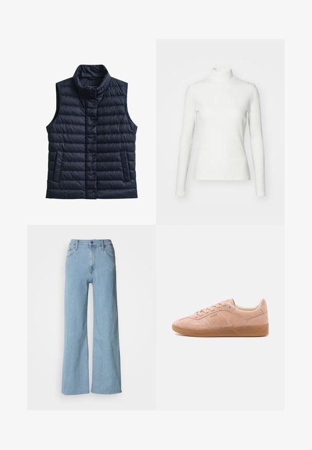 Sort quiltet uden ærmer dynevest med høj krave, forreste trykknapper og to forlommer.; Hvid ribbet turtleneck blouse med lange ærmer, lavet af elastisk stof. Har et tætsiddende design og høj hals for god dækning.; Lyseblå vidde jeans lavet af denim, med en tætsiddende talje, fem-lomme design og subtile syningsdetaljer.; Lyserøde suedestøvler med gummisål, rund tå og snørebåndslukning. Har minimal branding på siden og hælen.