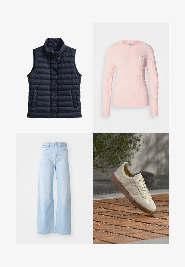 Sort quiltet uden ærmer dynevest med høj krave, forreste trykknapper og to forlommer.; Lyserød kabelstrikket sweater med lange ærmer og rund halsudskæring. Inkluderer lille logo på brystet og ribkant i bunden.; Lyseblå bredbensbukser lavet af denim, med høj talje, forlommer, knaplukning og syet kantdetalje.; Sneakers i cremefarve med en struktureret beige gummisål, snøredesign og diskret brand på siden. Overdel i glat læder.