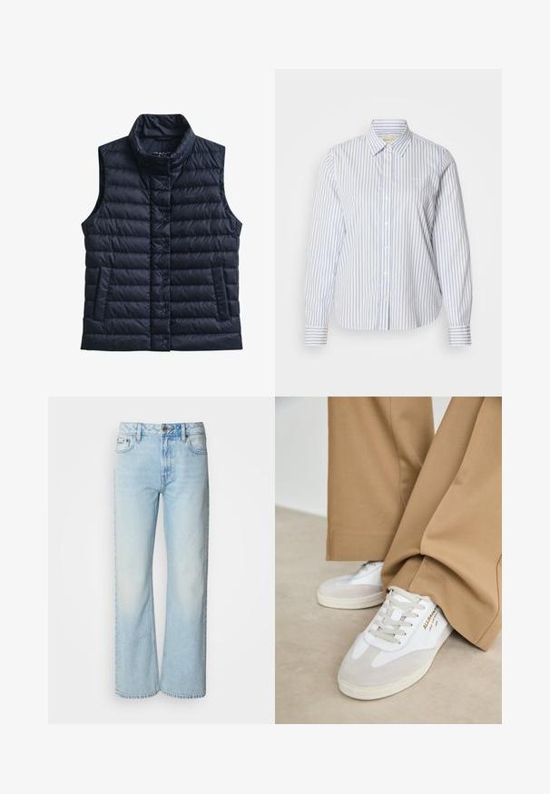 Chaleco acolchado negro sin mangas, con cuello alto, botones de presión delanteros y dos bolsillos delanteros.; Camisa de rayas azules y blancas con botones, cuello clásico, mangas largas y dobladillo recto. La tela tiene una textura suave.; Vaqueros de pierna ancha azul claro confeccionados en denim, con un diseño clásico de cinco bolsillos y una sutil textura deslavada. La costura del denim es visible.; Zapatillas blancas con detalles de ante, cordones texturizados y suela de goma. Combinadas con un pantalón suelto en tono marrón claro. Logo exhibido en el lateral.
