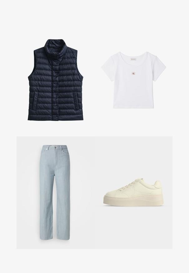 Sort quiltet uden ærmer dynevest med høj krave, forreste trykknapper og to forlommer.; Hvid cropped t-shirt med korte ærmer, rund halsudskæring og lille firkantet Calvin Klein Jeans-logo på midten foran.; Lysblå straight-leg jeans lavet af denim. Har fem lommer, en metal knaplukning og subtile slidser for tekstur.; Lav platform sneaker i off-white læder med snørebånd foran og tekstureret tyk sål, vist fra siden på ensfarvet baggrund.