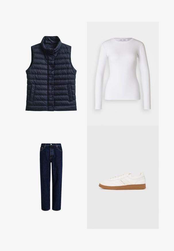 Zwarte doorgestikte mouwloze bodywarmer met hoge kraag, voorste drukknoopsluiting en twee voorzakken.; Witte longsleeve shirt van ribstof, met een ronde halslijn en een getailleerde vorm. Er zijn geen patronen of accenten aanwezig.; Donkerblauwe denim jeans met een straight-leg ontwerp, voorzien van een hoge taille, vijf zakken en contrasterende stiksels. Geen versieringen.; Witte sneaker met een glad leren bovenwerk, drie strepen aan de zijkant en een bruine rubberen zool. Voorzien van logo-details op de zijkant en tong.