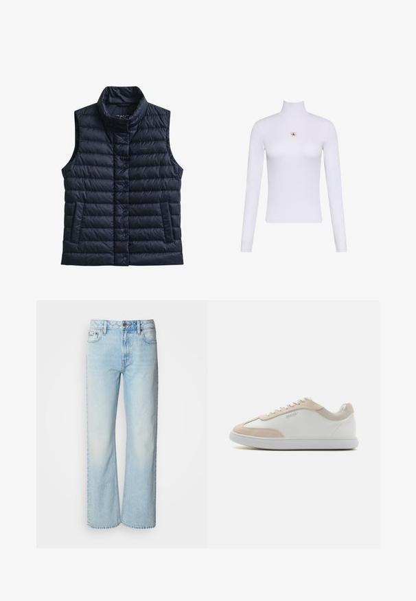 Veste sans manches matelassée noire avec col montant, boutons-pression à l'avant et deux poches avant.; Haut blanc à manches longues avec col roulé et petit écusson du logo Calvin Klein centré sur la poitrine.; Jeans à jambes larges bleu clair en denim, présentant un design classique à cinq poches et une texture légèrement décolorée. La couture en denim est visible.; Baskets en cuir blanc avec des accents en suède beige et des lacets blancs. Elles présentent un bout arrondi et une semelle rembourrée pour plus de confort.