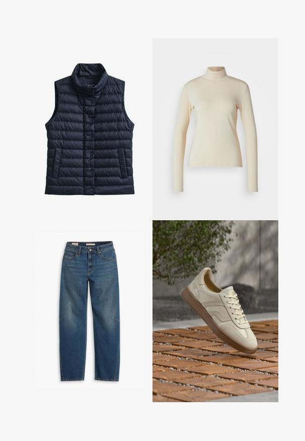 Chaleco acolchado negro sin mangas, con cuello alto, botones de presión delanteros y dos bolsillos delanteros.; Top de manga larga de color crema con cuello alto, hecho de una tela suave y elástica; diseño ajustado con cuello alto y sin patrones o acentos visibles.; Vaqueros de mezclilla azul con un corte relajado, que presentan una cintura alta, piernas rectas, costuras visibles y un pequeño detalle en la rodilla izquierda.; Zapatilla de color crema con suela de goma beige texturizada, diseño con cordones y sutiles detalles de marca en el lateral. Parte superior de cuero liso.