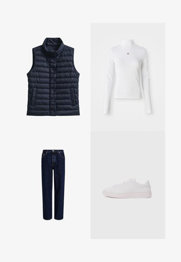 Zwarte doorgestikte mouwloze bodywarmer met hoge kraag, voorste drukknoopsluiting en twee voorzakken.; Witte turtleneck met lange mouwen, gemaakt van ribbelstof. Bevat een klein geborduurd logo in het midden. Aansluitend ontwerp zonder patronen.; Donkerblauwe denim jeans met een straight-leg ontwerp, voorzien van een hoge taille, vijf zakken en contrasterende stiksels. Geen versieringen.; Witte sneaker met een gladde leren bovenkant, ronde neus en platte rubberen zool. Heeft een vetersluiting en een subtiel logo aan de zijkant.