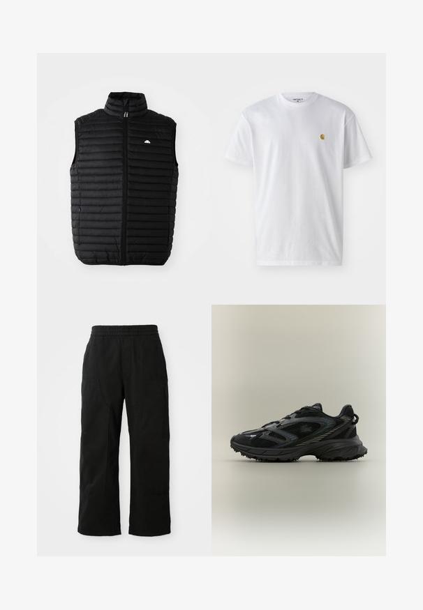 Chaleco acolchado negro sin mangas con collar alto, cremallera frontal y bolsillos laterales. Presenta un diseño de acolchado horizontal y un pequeño logo en el pecho.; Camiseta de algodón blanca con mangas cortas, cuello redondo, que presenta un pequeño logo dorado en la parte izquierda del pecho. Textura suave y corte regular.; Pantalones de algodón negros con una cinturilla elástica, diseño de pierna ancha y grandes bolsillos laterales. La tela parece suave con una textura lisa.; Zapatilla deportiva negra con paneles de malla, suela texturizada, cordones y una silueta curvada con acentos plateados en los laterales.