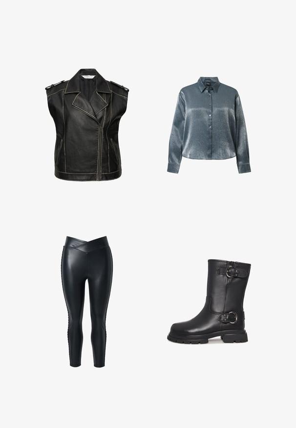 Zwarte leren vest met een klassiek motorontwerp, voorzien van een ingesneden kraag, ritssluiting en schouderepauletten. Geaccentueerde naden.; Metallisch grijze blouse met lange mouwen, voorzien van een kraag, knoopsluiting en een gladde, gestructureerde afwerking. Strakke lijnen en een getailleerde pasvorm.; Zwarte faux leren leggings met een hoge, gekruiste tailleontwerp. Heeft een zachte textuur en een lichte glans, met decoratieve stiksels aan de zijkanten.; Zwarte leren enkelschoenen met zilveren hardware, met twee gesps voor extra accent en een chunky zool met een profielpatroon.