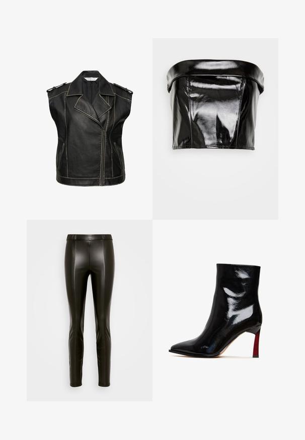 Sort lædervest med et klassisk motorcykel-design, der har en tandet krave, lynlås lukning og skulderepauleter. Fremhævede sømme.; Gina Tricot TUBE - Top - black; Sorte faux læder leggings med en høj elastisk talje, slim fit og subtile sømdetaljer, der løber ned langs fronten og bagsiden.; Sort laklæder ankelstøvle med spids tå og en rød detalje på stilethælen. Glat tekstur og elegant design.