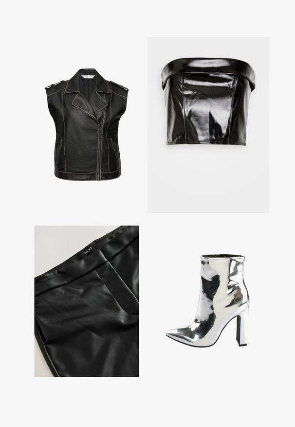 Sort lædervest med et klassisk motorcykel-design, der har en tandet krave, lynlås lukning og skulderepauleter. Fremhævede sømme.; Gina Tricot TUBE - Top - black; Sorte bukser i faux læder med en glat tekstur, flad talje, forlommer og et label med 'NEXT' på taljen.; Sølv patentlæder ankelstøvle med spids tå, chunky højt hæl og lynlås i siden, med en glat, blank overflade.
