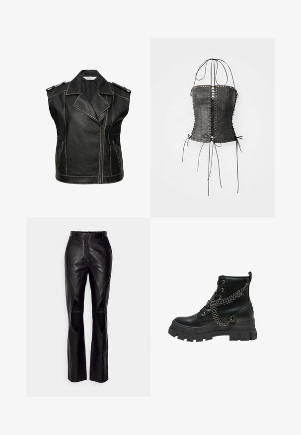 Sort lædervest med et klassisk motorcykel-design, der har en tandet krave, lynlås lukning og skulderepauleter. Fremhævede sømme.; Jaded London LONGLINE LACE UP HALTER CORSET - Top - black; Sorte læderbukser med en tætsiddende pasform, der har skrå sømme og udskæringer i siderne. Lige ben med knaplukning i taljen.; Sort læder kampstøvle med tyk slidbane og dekorativ sølvkæde viklet omkring snørebåndene og ankelområdet.