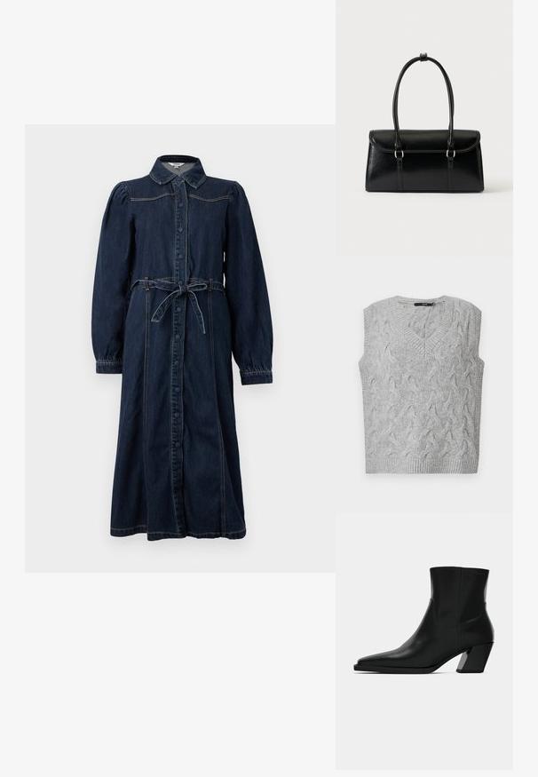 Grijze gebreide vest met een V-hals en zonder mouwen. Heeft een getextureerd kabelpatroon en ribgebreide randen. Het materiaal lijkt zacht en gezellig.; Donkerblauwe denim jurk met een kraag, knopen aan de voorkant, lange gezwollen mouwen en een gestrikte tailleband. Bevat stikseldetails.; Zwarte leren enkelboot met een spitse neus, een slanke silhoeet en een chunky vierkante hak. Gladde textuur met minimale stikdetails.; Zwarte leren rechthoekige handtas met klep en twee lange handvatten tegen een effen witte achtergrond.